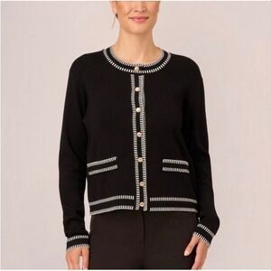 Adrianna Papell Cardigan Womens Large Navy Ivory Preppy Old Money Crew Neck NWT